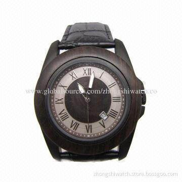 Handsome Wooden Watch, SS and Wooden Combined Case, Genuine Leather Strap, 30 Meters Water-resistant